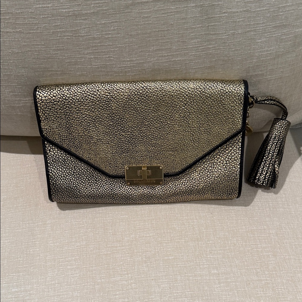 Brahmin Metallic Gold Textured Envelope Wristlet with Tassel